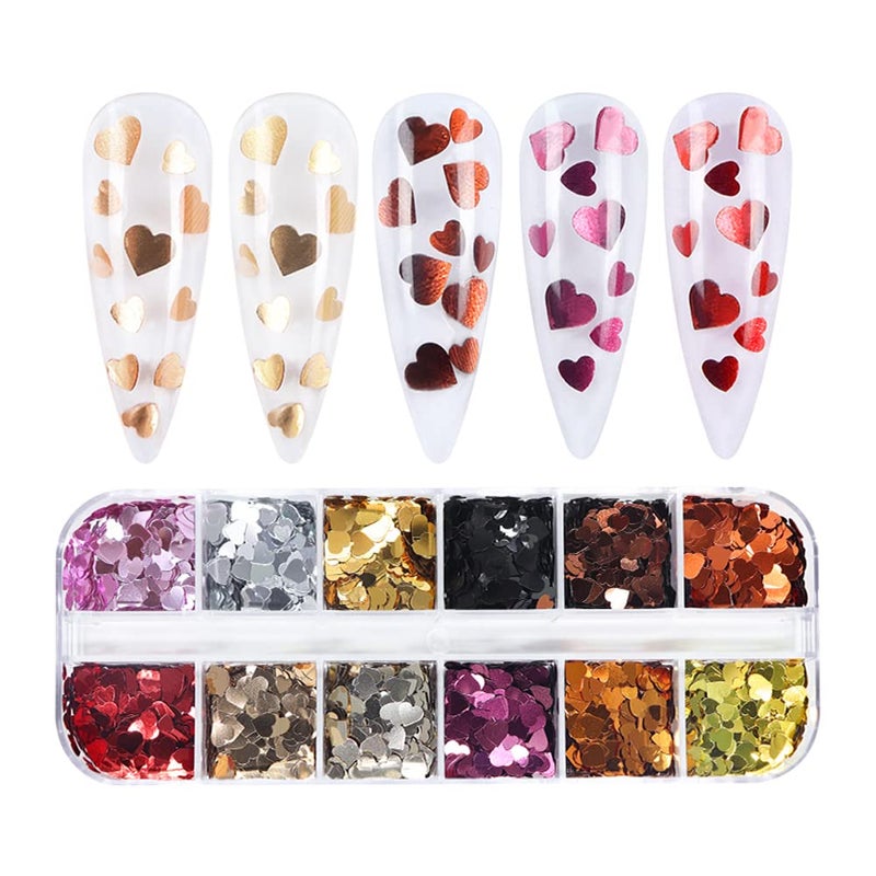 BSBTBZ 3D Nail Glitter Sequins for Valentine's Day Nail Art - Retro Holographic Laser Glitter Flakes Ultra-Thin Heart Nail Art Glitters Sparkle for Acrylic Nail Decoration - 12 Colors - Image 3
